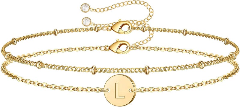 MONOZO Gold Initial Bracelets for Women Girls Valentines Day Gifts - Dainty 14K Gold Plated Layered Beaded Letter Initial Bracelet 26 Alphabet Disc Monogram Charm Bracelet Valentines Day Gifts for Her - Image 1